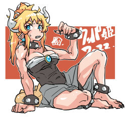 Rule 34 | 1girl, 2022, arm support, barefoot, black dress, blonde hair, blue eyes, bowsette, bracelet, breasts, chiwa (fcwv5738), claws, collar, crown, dress, earrings, feet, female focus, highres, horns, jewelry, large breasts, mario (series), medium breasts, new super mario bros. u deluxe, nintendo, pointy ears, ponytail, sharp teeth, sidelocks, sitting, solo, spiked anklet, spiked bracelet, spiked collar, spikes, strapless, strapless dress, super crown, tail, teeth