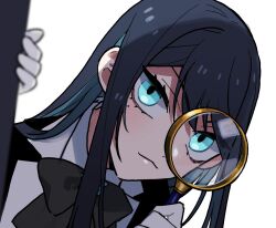 Rule 34 | 1girl, ado (utaite), black bow, black bowtie, black hair, blue eyes, blue hair, bow, bowtie, chando (ado), closed mouth, cloud nine inc, colored inner hair, commentary, gloves, hashtag-only commentary, highres, holding, holding magnifying glass, long hair, magnifying glass, mole, mole under eye, multicolored hair, riseno, sidelocks, simple background, solo, upper body, utaite, white background, white gloves