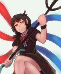 Rule 34 | black dress, black hair, bow, dress, highres, houjuu nue, pitchfork, polearm, red bow, red eyes, revenge (vengerezn), simple background, smile, snake, staff, touhou, trident, weapon, wings
