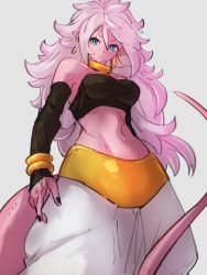 Rule 34 | 1girl, android 21, bare shoulders, black nails, blue eyes, bracelet, breasts, choker, cleavage, closed mouth, colored skin, dragon ball, dragon ball fighterz, earrings, fingernails, grey background, hair between eyes, hoop earrings, jewelry, kemachiku, looking at viewer, majin android 21, medium breasts, midriff, nail polish, navel, pink hair, pink skin, pointy ears, simple background, solo, tail, yellow choker