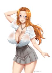 Rule 34 | 1girl, arm behind head, bleach, breasts, cleavage, collared shirt, covered erect nipples, cowboy shot, curvy, grey eyes, highres, huge breasts, jewelry, lips, long hair, looking at viewer, matsumoto rangiku, miniskirt, mole, mole under mouth, necklace, no bra, open clothes, open shirt, orange hair, parted lips, pleated skirt, revealing clothes, school uniform, shiny skin, shirt, short sleeves, simple background, skirt, smile, solo, standing, thighs, twrlare, unbuttoned, unbuttoned shirt, white background, white shirt