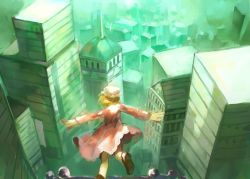 Rule 34 | 1girl, bad id, bad pixiv id, blonde hair, city, cityscape, dress, from above, from behind, hat, highres, long sleeves, maribel hearn, mob cap, nazoko, outstretched arms, purple dress, short hair, solo, sunlight, touhou