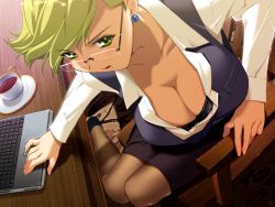 Rule 34 | 1girl, blonde hair, bra, breasts, cleavage, computer, game cg, glasses, ino (magloid), izayoi no hanayome, keyboard (computer), laptop, large breasts, lingerie, saegusa mikoto, solo, thighhighs, underwear