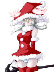 Rule 34 | 10s, 1girl, abyssal ship, alternate costume, blush, breasts, elbow gloves, gloves, hat, kaminagi (kaminagi-tei), kantai collection, long hair, medium breasts, pale skin, panties, red gloves, red thighhighs, santa costume, santa hat, silver hair, simple background, solo, staff, striped clothes, striped panties, thighhighs, underwear, white background, wo-class aircraft carrier, yellow eyes