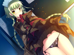 Rule 34 | 1girl, amakura, black panties, blush, braid, clothes lift, dutch angle, game cg, green hair, headdress, highres, indoors, long hair, long sleeves, mouth hold, official art, panties, side-tie panties, skirt, skirt lift, solo, tsukishima midori, twintails, underwear, upskirt, worlds and world&#039;s end, yellow eyes