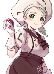 Rule 34 | 1girl, apron, ascot, beret, breasts, brown apron, brown ascot, buttons, chef, closed mouth, creatures (company), double-breasted, game freak, gloves, green eyes, hand up, hat, highres, holding, holding poke ball, katy (pokemon), large breasts, light green hair, looking at viewer, mauyu, mole, mole on cheek, nintendo, pink lips, poke ball, poke ball (basic), pokemon, pokemon sv, puffy short sleeves, puffy sleeves, short hair, short sleeves, side ponytail, simple background, smile, solo, spider web print, split mouth, thick eyebrows, waist apron, white background, white gloves, white hat