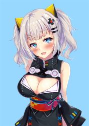 Rule 34 | 1girl, :d, arms behind back, blue background, blue eyes, blush, breasts, cleavage, cleavage cutout, clothing cutout, dress, fang, hair ornament, hairclip, head tilt, kaguya luna, large breasts, looking at viewer, marisasu (marisa0904), medium hair, open mouth, silver hair, simple background, sleeveless, sleeveless dress, smile, solo, the moon studio, twintails, upper body, virtual youtuber