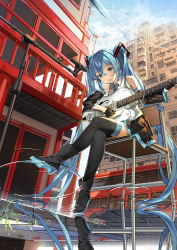 Rule 34 | 1girl, black gloves, black thighhighs, blue eyes, blue hair, boots, building, chair, crossed legs, detached sleeves, dr poapo, gloves, guitar, hair between eyes, hatsune miku, highres, instrument, long hair, miniskirt, music, necktie, open mouth, pagoda, playing instrument, pleated skirt, puddle, reflection, ripples, sitting, skirt, solo, thighhighs, twintails, very long hair, vocaloid