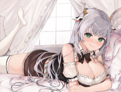 Rule 34 | 1girl, animal ears, black dress, blush, breasts, cleavage, cow ears, cow horns, dress, flower, german clothes, green eyes, grey hair, hair flower, hair ornament, hasetsu (hasss0113), highres, hololive, horns, large breasts, legs up, long hair, looking at viewer, mole, mole on breast, official alternate costume, shirogane noel, shirogane noel (dirndl), smile, solo, thighhighs, virtual youtuber, white thighhighs