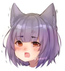 Rule 34 | 1girl, animal ear fluff, animal ears, blush, cat ears, commentary, english commentary, fang, looking at viewer, open mouth, orange eyes, original, portrait, purple hair, signature, skin fang, solo, tears, temachii, trembling, white background