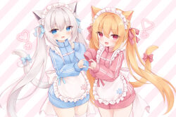Rule 34 | 2girls, absurdres, animal ear fluff, animal ears, apron, blue eyes, blue jacket, blush, brown hair, cat day, cat ears, cat girl, cat tail, heart, heart hands, heart hands duo, highres, jacket, long hair, looking at viewer, maid headdress, mochizuki riku, multiple girls, no pants, open mouth, original, oversized clothes, red eyes, red jacket, ribbon, sleeves past wrists, smile, tail, tail ornament, tail ribbon, thighhighs, thighs, track jacket, very long hair, waist apron, white apron, white hair, white thighhighs