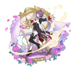 Rule 34 | 1boy, asymmetrical legwear, boots, chair, clothing request, dancing, dragalia lost, flower, full body, hair ornament, hair over one eye, looking at viewer, non-web source, official art, parted lips, petals, purple hair, saitou naoki, short hair, smile, smug, thigh boots, thighhighs, transparent background, uneven legwear, yellow eyes, zardin (dragalia lost)