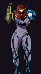 Rule 34 | 1girl, arm cannon, arm up, armor, black background, glowing, grey background, helmet, highres, metroid, metroid dread, nintendo, pauldrons, power armor, samus aran, shoulder armor, solo, thick thighs, thighs, visor, weapon