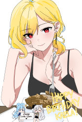 Rule 34 | 3girls, absurdres, alternate costume, bare shoulders, black tank top, blue eyes, blue hair, breasts, cake, cleavage, closed eyes, commentary, earrings, english commentary, food, fork, grey hair, happy birthday, hievasp, highres, holding, holding fork, holoh3roes, hololive, hololive indonesia, jewelry, kaela kovalskia, kobo kanaeru, mini person, minigirl, multicolored hair, multiple girls, plate, red eyes, sketch, smile, solo focus, tank top, two-tone hair, upper body, vestia zeta, virtual youtuber, white background, white hair