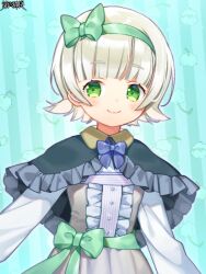 Rule 34 | 1girl, black capelet, blonde hair, blue bow, bow, capelet, copyright name, dairoku ryouhei, dress, green background, green bow, green eyes, hair bow, long sleeves, looking at viewer, muguet blanche, shiropbw, smile, solo, upper body