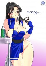 Rule 34 | breasts, english text, fatal fury, fighting game, highres, kasumi jun, legs, leotard, parted bangs, shiranui mai, snk, solo, the king of fighters, thighs, waiting, wide hips