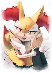 Rule 34 | :d, ambiguous gender, animal ear fluff, animal ears, animal nose, arm grab, blush, body fur, border, braixen, commentary, creatures (company), dripping, english commentary, fever, fox ears, fox tail, from above, fur collar, furrowed brow, furry, game freak, gen 6 pokemon, hand on another&#039;s cheek, hand on another&#039;s face, headpat, height difference, highres, layered sleeves, legs together, long sleeves, looking at viewer, looking up, neck fur, nintendo, open mouth, pokemon, pokemon (creature), pov, pov hands, red eyes, shirt, short hair, simple background, size difference, smile, sweat, tail, tongue, whimsical heart, white border, white fur, white shirt, yellow fur
