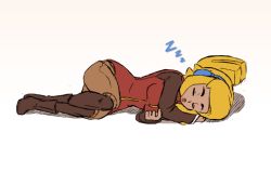 Rule 34 | 1girl, blonde hair, boots, commentary, culottes, closed eyes, flat color, full body, half updo, headphones, jacket, joakim sandberg, lying, on side, pantyhose, robin (the iconoclasts), sketch, sleeping, solo, the iconoclasts, thick eyebrows, zzz
