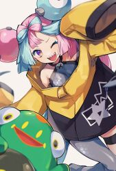 Rule 34 | 1girl, ;d, bellibolt, blurry, breasts, commentary request, creatures (company), eyelashes, game freak, green hair, grey pantyhose, grey shirt, happy, highres, iono (pokemon), jacket, long hair, looking at viewer, multicolored hair, nintendo, one eye closed, open mouth, pantyhose, pink hair, pokemon, pokemon (creature), pokemon sv, purple eyes, shirt, single leg pantyhose, sleeveless, sleeveless shirt, sleeves past fingers, sleeves past wrists, small breasts, smile, star (symbol), star print, tako2 eaka, teeth, thigh strap, tongue, two-tone hair, upper teeth only, white background, yellow jacket