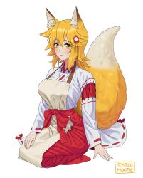 Rule 34 | 1girl, aged up, alternate breast size, animal ear fluff, animal ears, apron, artist name, blonde hair, blush, breasts, carlo montie, fox ears, fox tail, full body, hair ornament, large breasts, ribbon-trimmed sleeves, ribbon trim, seiza, senko (sewayaki kitsune no senko-san), sewayaki kitsune no senko-san, simple background, sitting, solo, tail, white background, yellow eyes