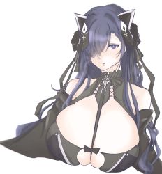 Rule 34 | 1girl, august von parseval (azur lane), azur lane, bare shoulders, black horns, breasts, cleavage, clothing cutout, curled horns, hair over one eye, highres, horns, huge breasts, komemugi, long hair, looking at viewer, mechanical horns, purple eyes, purple hair, shoulder cutout, simple background, skindentation, solo, upper body, white background