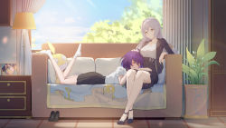 Rule 34 | 2girls, absurdres, ahoge, alternate costume, black footwear, black jacket, black skirt, blazer, blue hair, blush, breasts, bronya zaychik, bronya zaychik (silverwing: n-ex), caisena, closed eyes, closed mouth, collarbone, couch, crossed ankles, curtains, feet up, grey eyes, grey hair, hair between eyes, hand on another&#039;s head, high-waist skirt, highres, homu (honkai impact), honkai (series), honkai impact 3rd, indoors, jacket, lamp, lap pillow, long hair, long sleeves, lying, multicolored hair, multiple girls, no shoes, on couch, on stomach, open clothes, open jacket, parted lips, photo (object), plant, pleated skirt, potted plant, seele vollerei, shirt, shoes, unworn shoes, short hair, short sleeves, sitting, skirt, smile, socks, stuffed animal, stuffed toy, white legwear, white shirt, window, yuri