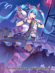 Rule 34 | 1girl, absurdres, aqua hair, blue eyes, dress, frilled dress, frills, gyakushuu no fantasica, highres, kokka han, long hair, looking at viewer, night, night sky, sky, solo, star (sky), starry sky, striped clothes, striped thighhighs, stuffed animal, stuffed toy, thighhighs, twintails, wrist cuffs