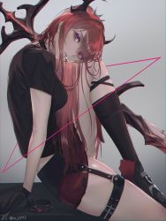 Rule 34 | 1girl, absurdres, arknights, black shirt, black socks, blouse, choker, crop top, from side, garter straps, grey background, highres, horns, in mouth, kneehighs, long hair, looking at viewer, purple eyes, red hair, shirt, simple background, skindentation, socks, solo, surtr (arknights), sword, thigh strap, weapon, xi-u