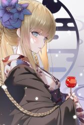 Rule 34 | 1girl, black coat, blonde hair, blue eyes, braid, candy, candy apple, closed mouth, coat, commentary request, fate/grand order, fate (series), floral print, food, from side, haori, highres, holding, holding candy, holding food, japanese clothes, kimono, long hair, long sleeves, looking at viewer, morgan le fay (fate), morgan le fay (fgo fes. 2023) (fate), obi, ponytail, sash, side braid, sidelocks, sideways glance, solo, upper body, ura illust, white kimono
