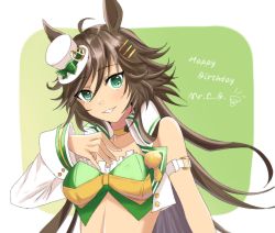 Rule 34 | 172634mai, 1girl, ahoge, animal ears, arm strap, bare shoulders, breasts, brown hair, character name, choker, commentary request, crop top, green eyes, green shirt, grin, hair between eyes, hair ornament, hairclip, happy birthday, hat, head tilt, highres, horse ears, jacket, large breasts, long hair, long sleeves, looking at viewer, midriff, mini hat, mini top hat, mr. c.b. (umamusume), open clothes, open jacket, shirt, smile, solo, strapless, strapless shirt, top hat, umamusume, upper body, very long hair, white hat, white jacket, yellow choker