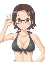 Rule 34 | 10s, 1girl, adjusting eyewear, aimobake, bespectacled, bikini, black-framed eyewear, black bikini, blush, breasts, brown eyes, brown hair, cleavage, closed mouth, commentary, front-tie bikini top, front-tie top, girls und panzer, glasses, hand on own hip, highres, looking at viewer, medium breasts, parted bangs, sawa azusa, short hair, simple background, smile, solo, standing, swimsuit, upper body, white background