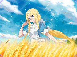 Rule 34 | 1girl, alice zuberg, apron, blonde hair, blue eyes, blue shirt, blue sky, child, closed mouth, cloud, day, game cg, hairband, lens flare, long hair, outdoors, ponytail, shirt, short sleeves, sidelocks, sky, smile, solo, sparkle, standing, sunlight, sword art online, sword art online: alicization rising steel, very long hair, wheat field, white apron, white hairband