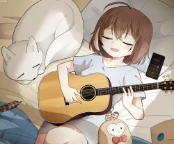Rule 34 | 1girl, acoustic guitar, ahoge, alternate costume, bare legs, bed, bed sheet, bird, blouse, bow, bowtie, brown hair, cellphone, closed eyes, feathers, fox, friend (nanashi mumei), guitar, gyaheung, hair ornament, hairclip, highres, hololive, hololive english, instrument, iphone, lying, multicolored hair, music, nanashi mumei, on back, oversized clothes, oversized shirt, owl, phone, pillow, playing instrument, shirt, short hair, singing, sleeping, smartphone, smile, streaked hair, stuffed animal, stuffed toy, t-shirt, virtual youtuber, white shirt, window shadow