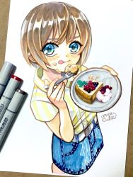 Rule 34 | 1girl, art tools in frame, barcode, belt, blue eyes, blue skirt, blush, brown hair, cheesecake, collared shirt, cowboy shot, eating, food, fork, from above, highres, leaf, marker (medium), mojacookie, original, photo (medium), plate, shirt, shirt tucked in, short sleeves, signature, simple background, skirt, solo, striped clothes, striped shirt, tongue, tongue out, traditional media, white background