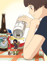 Rule 34 | 00s, 10s, 1boy, 2girls, alcohol, arms up, arrietty, basket, beer, beer can, black shirt, blouse, boots, bottle, brown hair, can, company connection, crossover, dress, drink can, facepaint, gake no ue no ponyo, highres, jas (littlecrime), karigurashi no arrietty, kaze no tani no nausicaa, lisa (ponyo), mini person, miniboy, minigirl, multiple girls, ponytail, pouch, shirt, spiller, studio ghibli, t-shirt, tablecloth