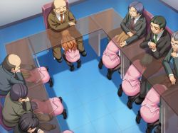 Rule 34 | 6+girls, business suit, clothed sex, emotionless sex, fellatio, formal, game cg, green necktie, half updo, multiple girls, necktie, nishizaki eimu, office lady, oral, pantyhose, penis, red necktie, source request, suit, under table