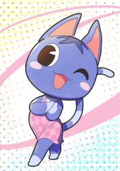 Rule 34 | 1girl, ;d, animal crossing, argyle, argyle clothes, argyle dress, black eyes, blue hair, blush, blush stickers, cat girl, commentary request, dress, furry, furry female, hands up, highres, kopa nishikida, looking at viewer, nintendo, one eye closed, open mouth, own hands together, pink dress, polka dot, polka dot background, rosie (animal crossing), simple background, sleeveless, sleeveless dress, smile, solo, white background
