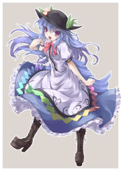 Rule 34 | 1girl, awa yume, blue hair, boots, cross-laced footwear, dress, female focus, food, fruit, full body, high heel boots, high heels, highres, hinanawi tenshi, lace-up boots, long hair, open mouth, peach, red eyes, simple background, solo, touhou