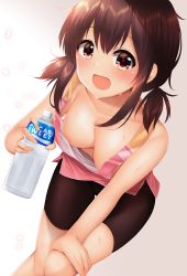 Rule 34 | 1girl, areola slip, bike shorts, blush, bottle, breasts, brown eyes, brown hair, cherry blossoms, cleavage, collarbone, commentary request, downblouse, hair between eyes, hand on own knee, highres, holding, holding bottle, leaning forward, light, looking at viewer, medium breasts, minato ojitan, no bra, open mouth, original, pink shirt, pocari sweat, shirt, sidelocks, simple background, sleeveless, sleeveless shirt, solo, sweat, twintails, wardrobe malfunction, water bottle, white background