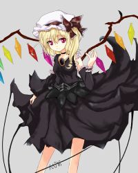 Rule 34 | 1girl, alternate costume, blonde hair, bow, fastbond, flandre scarlet, hat, hat bow, mob cap, red eyes, side ponytail, solo, touhou