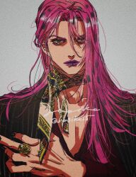 Rule 34 | 1boy, black nails, collarbone, diavolo, film grain, grey background, hagiko15, highres, jacket, jewelry, jojo no kimyou na bouken, long hair, long sleeves, looking at viewer, male focus, open clothes, open collar, open jacket, pink hair, polka dot hair, portrait, purple lips, ring, scarf, signature, solo, twitter username, vento aureo