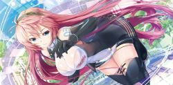 Rule 34 | 1girl, bent over, black gloves, black thighhighs, blue hair, boots, breasts, cleavage, cleavage cutout, clothing cutout, daidou (demitasse), elbow gloves, gloves, halterneck, headphones, highres, large breasts, long hair, megurine luka, pink hair, race queen, see-through silhouette, shiny skin, smile, solo, tattoo, thigh boots, thighhighs, very long hair, vocaloid