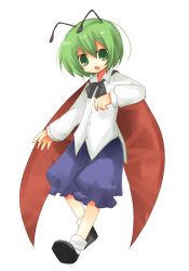 Rule 34 | 1girl, :o, antennae, bad id, bad pixiv id, black bow, black bowtie, black footwear, bob cut, bow, bowtie, buttons, cape, child, collared shirt, dress shirt, female focus, full body, green eyes, green hair, hug, long sleeves, looking at viewer, matching hair/eyes, no nose, open mouth, puffy pants, puffy shorts, shirt, shoes, short hair, shorts, simple background, socks, solo, standing, tomboy, touhou, white background, white shirt, wriggle nightbug, yuzuki (yuduame)