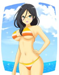 Rule 34 | 10s, 1girl, bikini, black hair, blue eyes, blue sky, blush, breasts, cloud, glasses, hand on own hip, hibike! euphonium, highres, jophiel, large breasts, long hair, looking at viewer, open mouth, red-framed eyewear, sky, smile, solo, sparkle, striped bikini, striped clothes, swimsuit, tanaka asuka, underboob, water