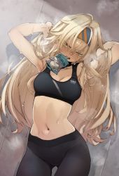 Rule 34 | 1girl, amunero (kyouka jinrui amunero), armpits, arms behind head, blonde hair, blush, commentary request, drink, gluteal fold, hairband, highres, hyocorou, long hair, midriff, mouth hold, navel, original, pants, solo, sports bra, sportswear, steam, sweat, yellow eyes, yoga pants