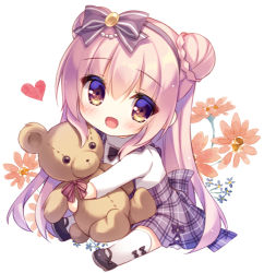 Rule 34 | 1girl, :d, black bow, black footwear, black hairband, blush, bow, braid, brown eyes, chibi, commentary, double bun, floral background, full body, grey skirt, hair between eyes, hair bow, hair bun, hairband, heart, looking at viewer, lowres, hugging object, open mouth, original, pink hair, plaid, plaid skirt, shirt, shoes, sitting, skirt, smile, solo, striped, striped bow, stuffed animal, stuffed toy, symbol-only commentary, teddy bear, thighhighs, white background, white shirt, white thighhighs, yukie (peach candy)