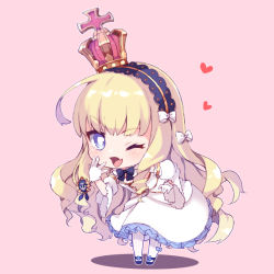 Rule 34 | ;d, azur lane, black footwear, blonde hair, blue eyes, blush, bow, chibi, commentary request, crown, detached sleeves, dress, fang, full body, gloves, hair bow, hair ornament, hairband, heart, juliet sleeves, leaning forward, long hair, long sleeves, looking at viewer, mini crown, one eye closed, open mouth, pantyhose, pikomarie, pink background, puffy sleeves, queen elizabeth (azur lane), queen elizabeth (the queen&#039;s ball) (azur lane), sleeveless, sleeveless dress, smile, solo, standing, striped clothes, striped pantyhose, tilted headwear, v-shaped eyebrows, vertical-striped clothes, vertical-striped pantyhose, very long hair, white bow, white dress, white gloves, white pantyhose