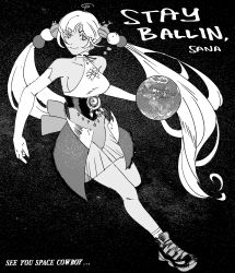 Rule 34 | 1girl, absurdres, ball, basketball, basketball (object), cowboy bebop, dribbling (basketball), english text, greyscale, hair ornament, highres, hololive, hololive english, long hair, monochrome, planet, planet hair ornament, shoes, sneakers, solo, space, tsukumo sana, tsukumo sana (1st costume), twintails, virtual youtuber, xyanaid