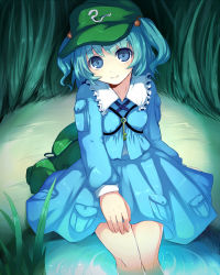 Rule 34 | 1girl, bad id, bad pixiv id, blue dress, blue eyes, blue hair, dress, female focus, grass, hair bobbles, hair ornament, hand on own thigh, hand on thigh, hat, head tilt, kamanatsu, kawashiro nitori, key, light smile, long sleeves, looking at viewer, matching hair/eyes, pocket, short hair, sitting, soaking feet, solo, strap, touhou, twintails, two side up, water