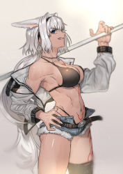 Rule 34 | 1girl, animal ears, bare shoulders, belt, bikini, black bikini, black thighhighs, blue eyes, blue shorts, body markings, breasts, caenis (fate), cleavage, clenched teeth, collarbone, cutoffs, dark-skinned female, dark skin, denim, denim shorts, dog tags, fate/grand order, fate (series), grey jacket, hair intakes, hairband, hand on own hip, highres, jacket, jewelry, large breasts, long hair, long sleeves, looking at viewer, navel, necklace, none (kameko227), off shoulder, open clothes, open fly, open jacket, over shoulder, polearm, ponytail, short shorts, shorts, solo, spear, swimsuit, tattoo, teeth, thighhighs, thighs, weapon, weapon over shoulder